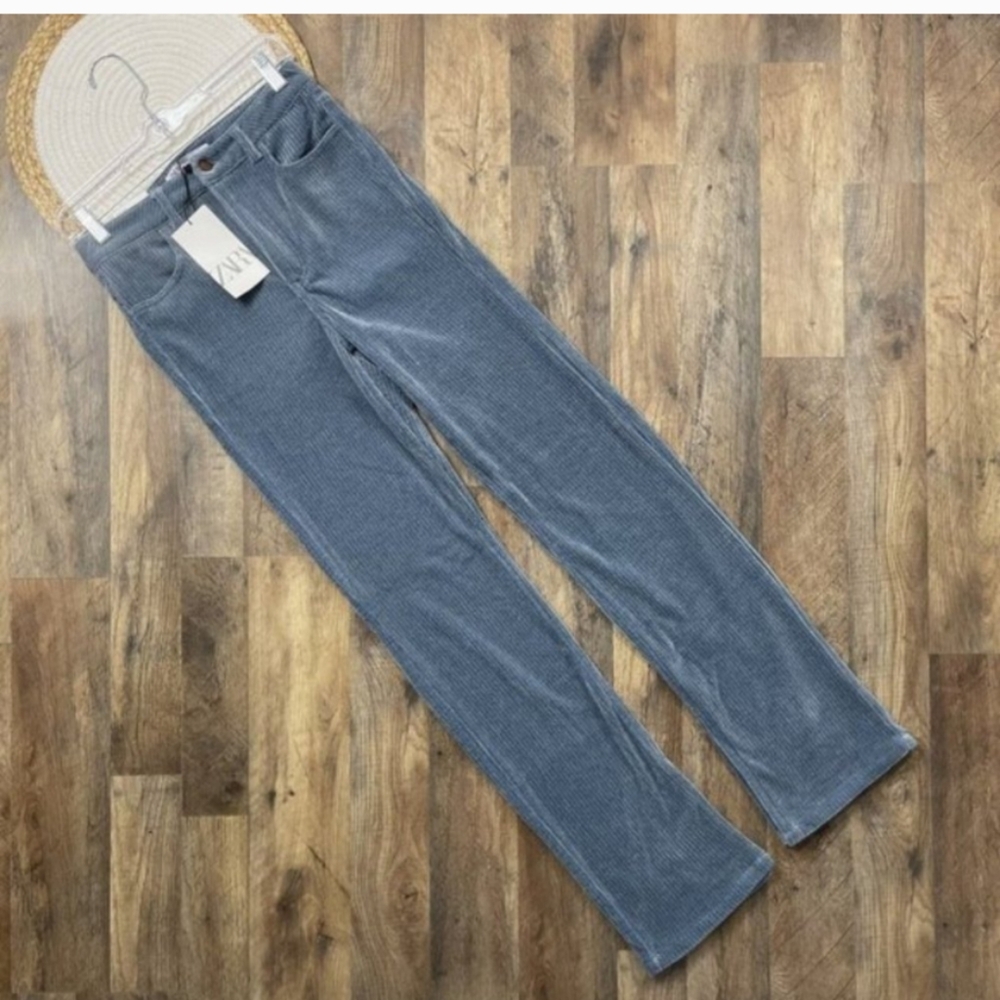 ZARA Blue Slim Flare Soft Corduroy Pants Split Hem Size 4 NEW w TAGS